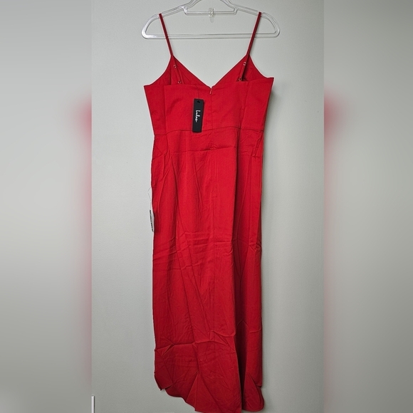 Lulus Women's Reinette Rust Red Faux Wrap Pleated Overlap Sleveless Midi Dress - Picture 9 of 16